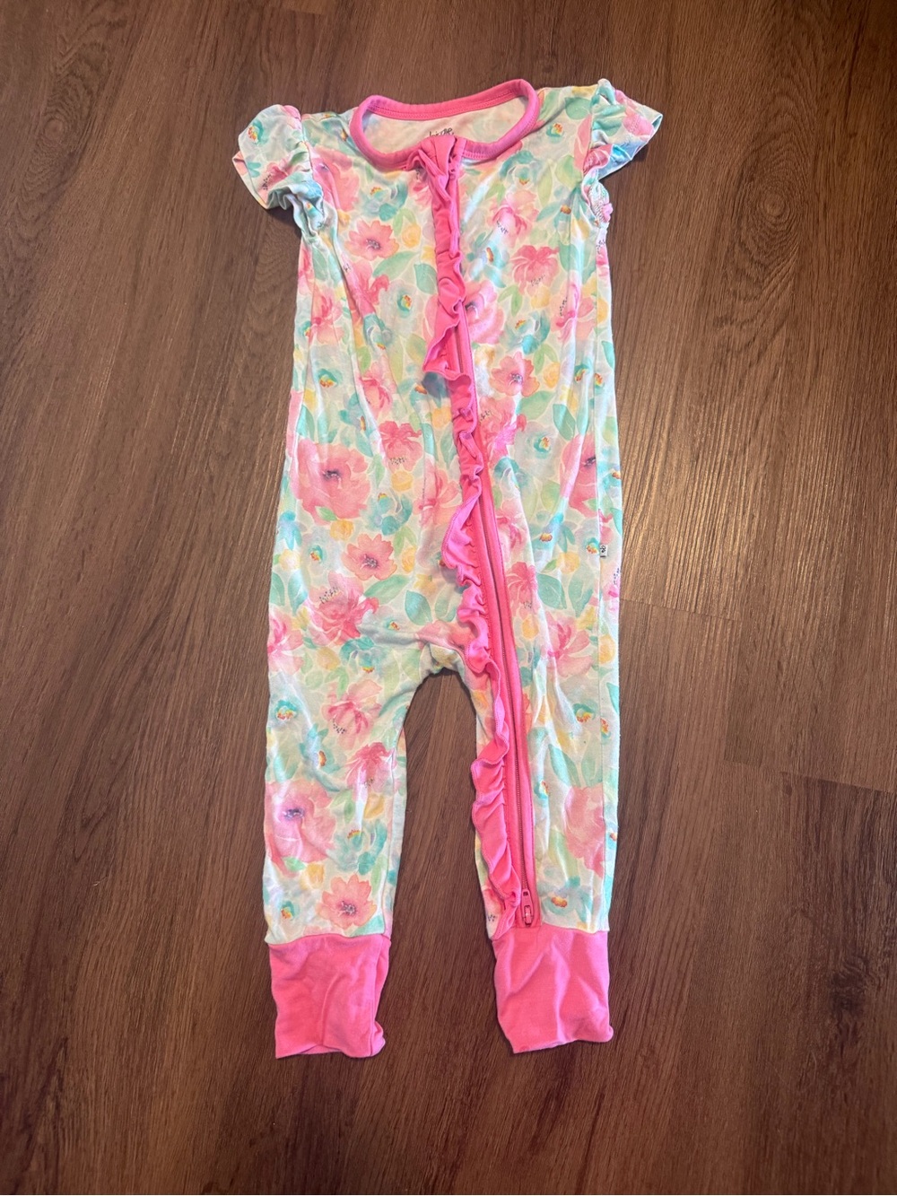 Girls Floral Pink Ruffle Zip One-Piece Pajamas